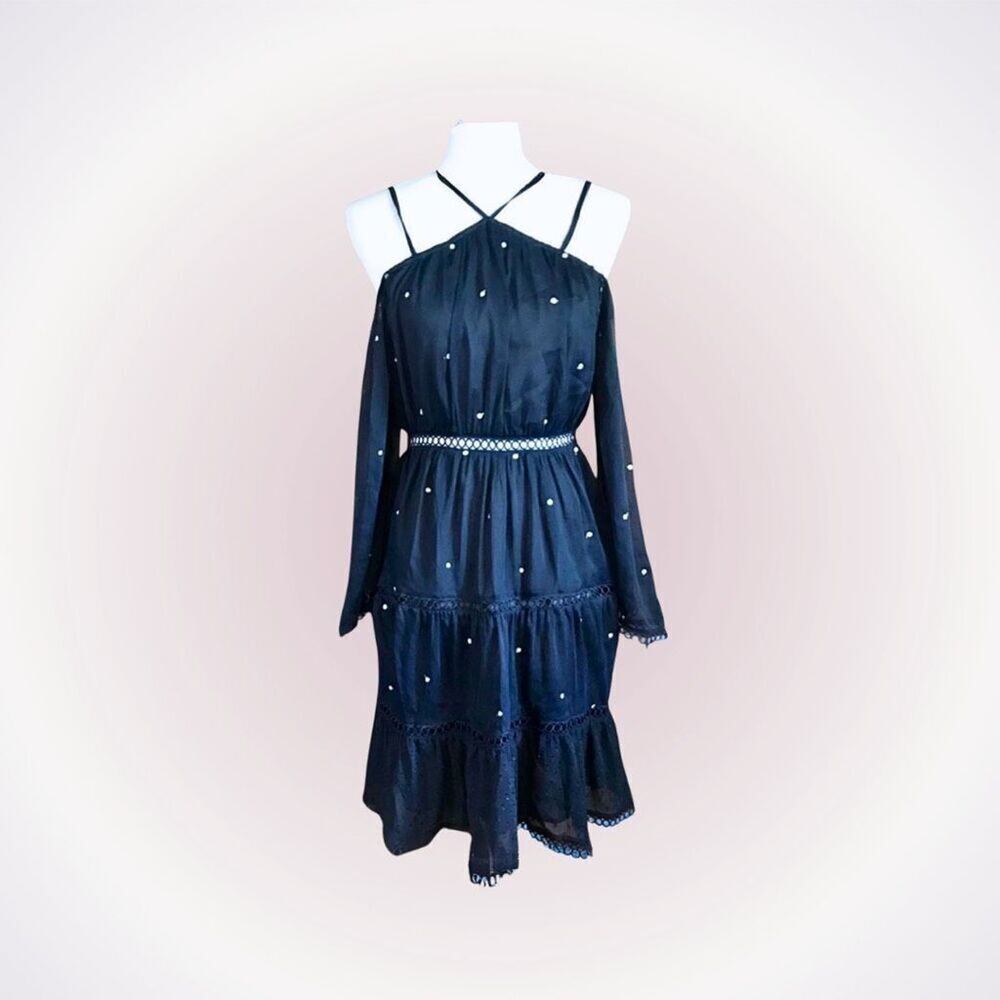 Aqua Navy Blue Embroidered Cold Shoulder Mini Dress | Sz S